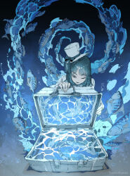 1girl blue_eyes blue_hair blue_theme bow commentary_request demizu_posuka fish hat hat_bow long_sleeves narrowed_eyes one_eye_closed open_suitcase original smile solo spiral suitcase top_hat water