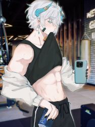 1boy abs bandages bare_shoulders bishounen black_bandages black_nails black_undershirt blue_eyes cellphone clothes_in_mouth clothes_lift demon_boy demon_horns double-parted_bangs earrings exercising highres horns indie_virtual_youtuber inukai_mado jacket jewelry ma_mori74 male_focus midriff mouth_hold muscular muscular_male pale_skin pepsi phone photo_background pulling_own_clothes selfie senz_(vtuber) senz_(vtuber)_(2nd_costume) shirt_in_mouth shirt_lift smartphone solo sweat toned toned_male unworn_jacket upper_body virtual_youtuber white_hair