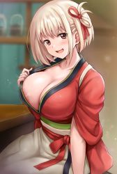 1girl areola_slip bad_id bad_twitter_id bar_(place) breasts cleavage collarbone hair_ribbon highres indoors large_breasts light_blush looking_at_viewer lycoris_recoil nishikigi_chisato open_mouth r-binon red_eyes ribbon short_hair smile solo underwear white_hair