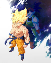 Rule 34 | 2boys, abs, absurdres, after battle, back-to-back, bandana, bardock, black hair, black pants, blonde hair, blue footwear, blue sash, boots, brown footwear, clenched hands, collarbone, commentary request, dragon ball, dragonball z, father and son, from above, green eyes, highres, injury, long hair, looking at viewer, male focus, medium hair, monkey tail, multiple boys, muscular, muscular male, nipples, orange pants, pants, papita pochi, pectorals, red bandana, saiyan armor, sash, shadow, son goku, spiked hair, star (sky), starry sky background, super saiyan, super saiyan 1, tail, topless male, torn clothes, torn pants, two-tone background, white background