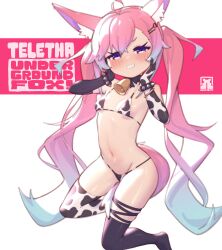 1girl absurdres ahoge animal_ears animal_print asymmetrical_legwear bell bikini blue_eyes blush bracelet breasts character_name cow_print cow_print_bikini english_text facing_viewer fox_ears fox_girl fox_tail gloves hair_between_eyes hair_ornament hairclip hands_on_own_face highres indie_virtual_youtuber jewelry kneeling long_bangs long_hair looking_at_viewer navel open_mouth pink_hair print_bikini shippitsu sidelocks simple_background smile solo spiked_bracelet spikes swimsuit tail teletha_(vtuber) thighhighs twintails very_long_hair white_background