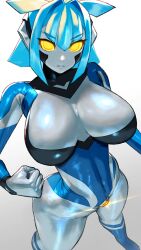 1girl altina_earth blue_hair blue_skin breasts clenched_hand closed_mouth colored_skin giant giantess glowing grey_skin highres large_breasts looking_at_viewer multicolored_hair nikunopengin original personification robot solo standing white_background yellow_eyes