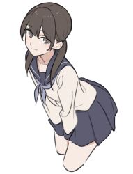 1girl blue_sailor_collar blue_skirt blush bow breasts brown_eyes brown_hair closed_mouth hair_between_eyes highres kashiwa_(iersansi) long_hair long_sleeves looking_at_viewer original pleated_skirt sailor_collar shirt simple_background skirt smile solo twintails white_background
