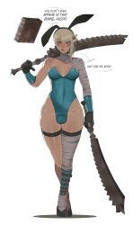 1futa absurdres animal_ears bandaged_leg bandaged_neck bandages blonde_hair breasts bulge fake_animal_ears futanari gloves green_leotard highres jsq012 kaine_(nier) leotard medium_breasts nier nier_(series) playboy_bunny sword weapon
