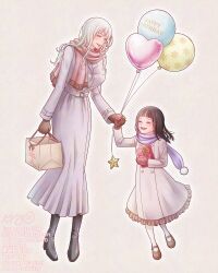 2girls 321 ^_^ balloon black_hair blunt_bangs blush boots child closed_eyes coat full_body gift gloves happy_birthday heart_balloon highres holding holding_gift long_hair mother_and_daughter multiple_girls nico_olvia nico_robin one_piece scarf smile white_hair