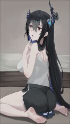 1girl absurdres ass asymmetrical_horns barefoot black_hair black_shorts blue_hair breasts canvas_sensei colored_inner_hair demon_horns dolphin_shorts feet from_behind hair_between_eyes highres hololive hololive_english horns index_finger_raised jailbird_(nerissa_ravencroft) large_breasts long_hair looking_to_the_side mole mole_under_eye multicolored_hair nerissa_ravencroft on_floor open_mouth purple_eyes short_shorts shorts sitting sitting_on_animal soles tank_top thighs toes two-tone_hair uneven_horns very_long_hair virtual_youtuber wariza white_tank_top