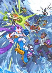 3boys 6+girls absurdres acharacter:aa_(freedom_planet) action animal_ears armor askal ass beard black_hair bodysuit boots bracelet breasts captain_kalaw carol_tea cat_ears cat_tail colored_sclera crop_top cube dog_tail dragon_boy dragon_girl dragon_horns facial_hair fingerless_gloves fins fish_tail freedom_planet freedom_planet_2 from_below furry galaxytrail gloves goggles goggles_on_head green_sclera gun headgear highres horns jacket japanese_clothes jewelry kimono long_ears long_hair merga midriff milla_basset monkey_ears monkey_tail moon mountain multiple_boys multiple_girls neera_li night official_art open_mouth orange_hair outdoors panda_ears panda_tail pants pink_eyes purple_eyes purple_hair sash_lilac scarf shark_tail shirt short_hair shorts staff tail thigh_boots thighhighs twintails tyson_tan very_long_hair water weapon yellow_eyes