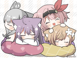 Rule 34 | 4girls, :d, ahoge, animal ear fluff, animal ears, black hairband, black headband, blush, blush stickers, brown hair, cat ears, cat girl, chibi, closed eyes, closed mouth, crossed arms, cushion, flower, grey hair, hair bun, hair flower, hair ornament, hairband, hand on another&#039;s head, hands on another&#039;s head, headband, highres, long hair, manuka (vrchat), maya (vrchat), moe (vrchat), multiple girls, open mouth, pillow, pink hair, purple hair, ribbon, selestia (vrchat), signature, sleeping, smile, tochisa (tochisa513), twitter username, two side up, vrchat, white flower