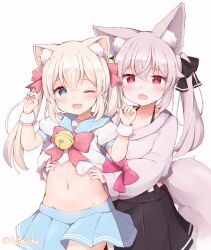 2girls :d ;d animal_ear_fluff animal_ears arms_up artist_name bell black_bow black_ribbon black_skirt blonde_hair blue_eyes blue_sailor_collar blue_skirt blush borrowed_character bow bowtie bra_strap cat_ears cat_girl cat_tail child clothes_lift collarbone cowboy_shot crop_top crossed_bangs fang flat_chest fox_ears fox_girl fox_tail grabbing_from_behind grey_background grey_hair grey_sweater groin hair_bell hair_between_eyes hair_bow hair_ornament hair_ribbon hands_up jingle_bell karin_(vrchat) lifting_another&#039;s_clothes long_hair long_sleeves looking_at_viewer midriff miniskirt multiple_girls navel neck_bell one_eye_closed open_mouth original pink_bow pink_bowtie pink_hair pink_shirt pleated_skirt puffy_long_sleeves puffy_short_sleeves puffy_sleeves ramune_(tutsucha) red_eyes ribbon sailor_collar sailor_shirt school_uniform serafuku shirt shirt_lift short_sleeves sidelocks simple_background skin_fang skirt sleeves_past_wrists smile standing stomach suspender_skirt suspenders sweater sweater_lift tail thighhighs thighs tickling tickling_armpits torso_grab tutsucha_illust twintails twitter_username undressing_another very_long_hair vrchat white_background white_hair white_shirt white_sweater wrist_cuffs wristband yuri
