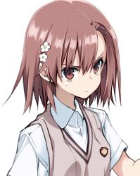 10mo 1girl brown_eyes brown_hair clothes_lift commentary_request dress dress_lift female_focus flower hair_flower hair_ornament highres looking_at_viewer misaka_mikoto school_uniform shirt simple_background solo sweater_vest toaru_kagaku_no_railgun toaru_majutsu_no_index tokiwadai_school_uniform tsurime upper_body v-neck white_background white_shirt