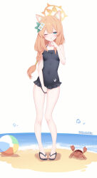 1boy 1girl absurdres alternate_costume animal_ear_fluff animal_ears bare_arms beach black_one-piece_swimsuit black_sandals blue_archive blue_eyes braid cat_ears cat_girl crab doodle_sensei_(blue_archive) finger_to_mouth flower hair_between_eyes hair_flower hair_ornament highres long_hair looking_at_viewer mari_(blue_archive) ocean ohako_miyu one-piece_swimsuit one_eye_closed orange_hair sandals sensei_(blue_archive) sidelocks single_braid swimsuit toes white_flower