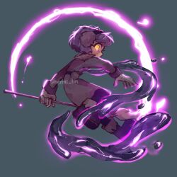 1girl abstract amity_blight boots coat from_behind full_body gloves glowing glowing_eyes hermi highres holding holding_staff jumping looking_at_viewer pantyhose purple_coat purple_hair purple_pantyhose short_hair slime_(substance) staff the_owl_house winter_clothes winter_coat yellow_eyes
