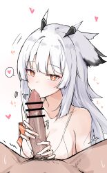 Rule 34 | 1boy, 1girl, absurdres, animal ears, arknights, bar censor, bare shoulders, bra, breasts, bright pupils, censored, collarbone, erection, hands on penis, heart, highres, kissing penis, long hair, mango (mgo), medium breasts, orange eyes, owl ears, owl girl, penis, ptilopsis (arknights), simple background, spoken heart, underwear, upper body, white background, white bra, white hair, white pupils