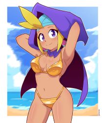 1girl arms_behind_head arms_up beach bikini blonde_hair blue_headscarf blush breasts cleavage cloak cloud collarbone dark_skin detached_collar earrings efextex gold_bikini golden_week golden_week_bikini headscarf hood hood_up hooded_cloak jewelry looking_at_viewer medium_breasts navel ocean purple_cloak purple_eyes sand shantae_(series) sky sky_(shantae) smile standing swimsuit water wayforward
