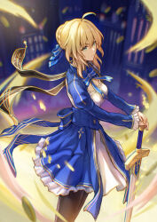 1girl absurdres ahoge artoria_pendragon_(fate) black_pantyhose blonde_hair blue_dress blue_ribbon breasts commentary_request dress excalibur_(fate/stay_night) fate/stay_night fate_(series) green_eyes hair_bun hair_ribbon highres holding holding_sword holding_weapon honkai:_star_rail honkai_(series) isome juliet_sleeves long_sleeves pantyhose planted planted_sword planted_weapon puffy_sleeves ribbon saber_(fate) saber_(honkai:_star_rail)_(fate) sidelocks small_breasts solo sword weapon