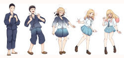 Rule 34 | 1boy, 1girl, absurdres, black eyes, black hair, black socks, blonde hair, blue skirt, blush, breasts, brown shoes, choker, clenched teeth, closed eyes, earrings, genderswap, genderswap (mtf), gojou wakana, gyaru, highres, jewelry, kitagawa marin, long hair, medium breasts, multicolored hair, necktie, open mouth, pink eyes, pink nails, pleated skirt, samue, sandals, school uniform, sequential, shirt, shoes, skirt, socks, sono bisque doll wa koi wo suru, surprised, teeth, transformation, transforming clothes, two-tone hair, unmeiyuu, white shirt