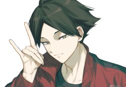 1boy absurdres ahoge black_hair black_shirt closed_mouth fox_shadow_puppet haikyuu!! highres jacket long_sleeves looking_at_viewer male_focus oct_ten3 open_clothes open_jacket parted_bangs shirt short_hair simple_background slit_pupils solo suna_rintarou track_jacket twitter_username white_background yellow_eyes