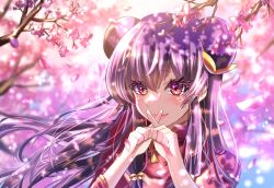 1girl cherry_blossoms chinese_clothes closed_mouth commentary_request day double_bun falling_petals floating_hair hair_bun hair_ornament hands_up highres long_hair looking_at_viewer masurawo outdoors own_hands_together petals portrait purple_eyes purple_hair ranma_1/2 shampoo_(ranma_1/2) smile solo tree wind x_fingers