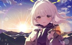 1girl backpack bag black_halo black_sclera blue_archive blue_sky blush center-flap_bangs cloud coat colored_sclera commentary_request day gradient_sky green_coat green_eyes green_halo grey_hair hair_intakes halo hare_(blue_archive) hare_(camp)_(blue_archive) highres holding_strap lens_flare long_hair long_sleeves looking_at_viewer mochigome_(ununquadium) mountain mountainous_horizon open_mouth orange_sky outdoors sidelocks sky solo sunrise translation_request upper_body