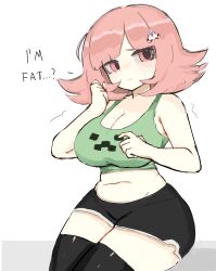 1girl absurdres bare_shoulders black_shorts black_thighhighs breasts brown_hair cleavage creeper danganronpa_(series) danganronpa_2:_goodbye_despair flipped_hair galaga green_shirt hair_ornament highres large_breasts long_hair looking_at_viewer m3link minecraft mole mole_on_breast nanami_chiaki navel pink_eyes plump shirt shorts simple_background sitting solo stomach taut_clothes taut_shorts thighhighs
