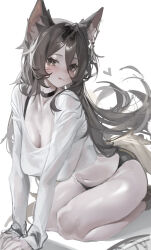 1girl :q absurdres ahri_(league_of_legends) alternate_costume animal_ears arm_support bare_legs black_bra black_choker black_hair black_panties blush bra bra_strap breasts choker cleavage commentary cropped_shirt facial_mark fox_ears fox_girl fox_tail hair_between_eyes heart highres large_breasts league_of_legends light_blush long_hair long_hair_between_eyes long_sleeves looking_at_viewer multiple_tails navel no_pants panties scoop_neck seiza shirt simple_background sitting solo stomach tail tongue tongue_out underwear very_long_hair whisker_markings white_background white_shirt yonchan