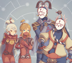 blue_eyes brown_eyes cosplay costume_switch grey_background highres hyrule_warriors:_age_of_calamity impa kohga kohga_(cosplay) kohga_(zelda) link long_hair mask mouth_mask ninja_mask nintendo pointy_ears sheikah sooga sooga_(cosplay) stealth_set_(zelda) the_legend_of_zelda the_legend_of_zelda:_breath_of_the_wild very_long_hair white_hair yiga_clan