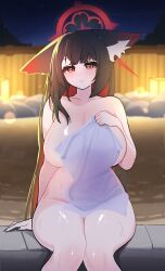 1girl absurdres animal_ear_fluff animal_ears blue_archive blurry blurry_background blush bokeh breasts brown_hair closed_mouth covering_privates depth_of_field ears_down fox_ears fox_girl halo highres huge_breasts large_breasts long_hair looking_at_viewer naked_towel night night_sky nude_cover onsen red_halo silenzuka sitting sky solo thighs towel towel_tug very_long_hair wakamo_(blue_archive) yellow_eyes