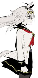 1girl ahoge animal_ears bad_id bad_twitter_id black_pantyhose black_sailor_collar black_skirt breasts choker closed_mouth floating_hair from_side grey_eyes grey_hair hair_between_eyes hattori_(omegamega1001) highres horse_ears horse_girl horse_tail long_hair long_sleeves neckerchief oguri_cap_(umamusume) pantyhose profile red_neckerchief sailor_collar simple_background skirt solo tail umamusume white_background