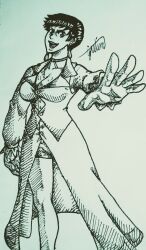 Rule 34 | 1girl, breasts, cleavage, curvy, dress, earrings, female focus, formal clothes, gutimdesenheiro, jewelry, large breasts, long sleeves, looking at viewer, short hair, shorts, smile, standing, suit, the king of fighters, thick thighs, thighs, vice (kof), wide hips