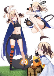 1girl absurdres ahoge armpits bare_legs barefoot black_gloves black_shirt black_shorts black_socks breasts brown_hair cd_usr cloak closed_mouth commentary crop_top english_commentary enigmatic_recollection feet fingerless_gloves floating_hair full_body gigi_murin gigi_murin_(1st_costume) gloves hair_down highres hip_vent holding holding_sword holding_weapon hololive hololive_english huge_ahoge index_finger_raised jacket long_hair long_sleeves looking_at_viewer looking_to_the_side minecraft minecraft_sword multicolored_hair multiple_views navel no_shoes one_eye_closed orange_jacket pink_eyes profile puffy_long_sleeves puffy_sleeves shirt short_shorts shorts sideways_glance simple_background single_thighhigh sleeveless sleeveless_shirt small_breasts smile socks standing stretching striped_clothes striped_thighhighs sword tail thighhighs toes twintails two-tone_hair virtual_youtuber weapon white_background white_cloak
