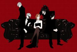 1girl 4boys alternate_costume bare_arms brown_pantyhose chosokabe_motochika_(sengoku_basara) chousokabe_motochika_(sengoku_basara) contemporary crossed_legs date_masamune_(sengoku_basara) eyepatch formal_clothes ishida_mitsunari ishida_mitsunari_(sengoku_basara) jewelry maeda_keiji maeda_keiji_(sengoku_basara) male_harem multiple_boys necklace npn pantyhose ponytail red_background saika_magoichi_(sengoku_basara) sengoku_basara sitting