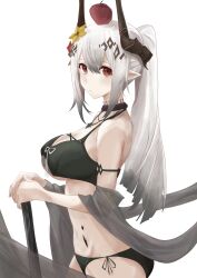 1girl absurdres apple arknights bikini black_bikini breasts brown_horns cleavage closed_mouth cowboy_shot expressionless flower food food_on_head from_side fruit fruit_on_head gradient_hair grey_hair groin hair_between_eyes highres horns large_breasts lastmatch500 long_hair looking_at_viewer material_growth mudrock_(arknights) mudrock_(silent_night)_(arknights) multicolored_hair object_on_head official_alternate_costume oripathy_lesion_(arknights) own_hands_together pointy_ears ponytail red_eyes side-tie_bikini_bottom sidelocks simple_background solo standing swimsuit white_background white_hair yellow_flower