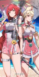 2girls absurdres alice_thymefield alice_thymefield_(sea_of_thyme) animal_ears bare_shoulders blonde_hair braid breasts cleavage english_text green_eyes hairband heart heart_tattoo heterochromia highres holding holding_umbrella holding_water_gun long_hair looking_at_viewer low_twintails multiple_girls official_alternate_costume one-piece_swimsuit outdoors parted_lips pink_one-piece_swimsuit pleated_skirt rabbit_ears rabbit_girl red_eyes red_hair skirt smile sphere_hair_ornament standing swimsuit tattoo thigh_strap twintails two-tone_one-piece_swimsuit ukinami_yuzuha ukinami_yuzuha_(tanuki_in_broad_daylight) umbrella very_long_hair water_gun white_hairband white_skirt yellow_eyes yo_na zenless_zone_zero