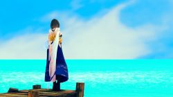 1girl 3d arms_behind_back black_shirt blue_skirt boots bracelet breasts brown_hair cloud cloudy_sky detached_sleeves dock facing_away final_fantasy final_fantasy_x full_body highres jewelry medium_breasts medium_hair necklace ocean shirt skirt sky solo square_enix white_shirt yuna_(ff10)