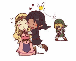 1girl 2boys blonde_hair blush dark_link fairy gloves hat heart hug hug_from_behind link lowres multiple_boys mutsuki_kaya navi nintendo oekaki pointy_ears princess_zelda shield shield_on_back smile sword the_legend_of_zelda the_legend_of_zelda:_ocarina_of_time tiara toon_link toon_zelda weapon