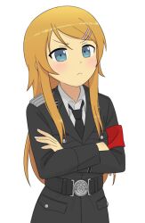 1girl :&lt; alternate_costume armband belt belt_buckle black_belt black_cat03 black_jacket blue_hair buckle buttons closed_mouth collar_tabs collared_shirt commentary commission crossed_arms cuff_title english_commentary frown hair_ornament hairclip highres jacket kousaka_kirino lapels long_sleeves looking_at_viewer loose_necktie military_dress_uniform military_jacket military_uniform nazi necktie orange_hair ore_no_imouto_ga_konna_ni_kawaii_wake_ga_nai pixiv_commission red_armband reichsadler shirt siegrunen solo swastika upper_body waffen-ss white_background white_shirt