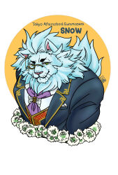 1boy absurdres animal_ears ascot black_suit character_name closed_mouth commentary_request copyright_name flower formal_clothes furry furry_male green_eyes highres irurahiko lion_boy lion_ears lion_mane lion_tail looking_at_viewer male_focus monocle purple_ascot signature smile snow_(housamo) suit tail tokyo_houkago_summoners upper_body whiskers