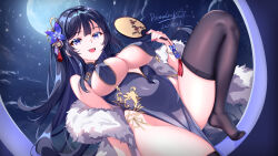 1girl 2024 2025 absurdres alternate_costume bare_hips bare_shoulders bell black_hair breast_curtains breasts china_dress chinese_clothes dream.cat dress flower full_moon fur_shawl groin hair_bell hair_flower hair_ornament hand_fan happy happy_new_year highres large_breasts leg_up moon nail_polish new_year night night_sky pelvic_curtain purple_eyes revealing_clothes sakurajima_mai seishun_buta_yarou shawl sky smile tassel thighhighs thighs tuanshan
