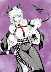 1girl absurdres arm_pouch armband bags_under_eyes black_pouch black_tail breasts chest_harness collared_shirt commentary_request cowboy_shot curled_horns demon_tail earrings gloves greyscale_with_colored_background hair_between_eyes half_gloves harness high-waist_pants highres horns jacket jacket_on_shoulders jewelry key_earrings large_breasts looking_at_viewer medium_hair mole mole_under_eye necktie pants partial_commentary red_eyes red_necktie shirt shirt_tucked_in signature solo spot_color tail tatsubon tight_clothes tight_pants wuthering_waves zani_(wuthering_waves)