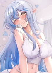 1girl ;) ahoge blue_hair breasts camisole cleavage closed_mouth commentary crossed_bangs double-parted_bangs hair_between_eyes head_tilt heart heart_ahoge highres hololive indoors large_breasts long_hair messy_hair midriff mofu07519 multi-strapped_panties multicolored_hair navel one_eye_closed panties pointy_ears revision sidelocks smile solo streaked_hair symbol-only_commentary underwear very_long_hair virtual_youtuber white_camisole yellow_eyes yukihana_lamy yukimin_(yukihana_lamy)