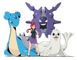 1girl black_shirt black_shoes bracelet closed_mouth cloyster commentary dewgong gen_1_pokemon glasses hand_on_own_hip highres jewelry knees lapras long_hair looking_at_viewer lorelei_(pokemon) nintendo pokemon pokemon_(creature) pokemon_frlg psaber97 purple_skirt red_hair shirt shoes sidelocks skirt sleeveless sleeveless_shirt smile standing white_background