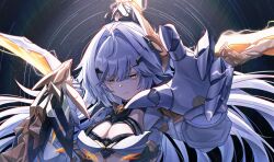 1girl absurdres ang55523671 breasts cleavage closed_mouth colored_eyelashes commentary electricity erdos_helia facial_mark gauntlets hair_intakes highres honkai_(series) honkai_impact_3rd large_breasts looking_at_viewer mole mole_under_eye portrait red_pupils serious solo v-shaped_eyebrows white_eyelashes white_hair yellow_eyes