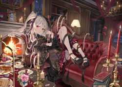 Rule 34 | 1girl, absurdly detailed composition, bat (animal), birdcage, black dress, block heels, blush, book, bookmark, bug, cage, cake, cake slice, candle, candlelight, candlestand, chandelier, checkered floor, clock, commentary request, couch, cross, cross print, cup, curtains, dessert, detached sleeves, door, dress, falling petals, fire, fireplace, flower, food, frilled dress, frilled sleeves, frills, fruit, full body, gold trim, hair between eyes, hair spread out, hand in own hair, hand up, highres, indoors, kakao rantan, knees up, lamp, legs, lens flare, light particles, loaded interior, long hair, long sleeves, looking at viewer, lying, macaron, official art, on couch, one side up, original, parted lips, petals, picture frame, plant, plate, potted plant, reclining, red eyes, sandwich, shelf, solo, spider, steaming cup, strawberry, sweets, table, tea, teacup, thighs, tiered tray, tile floor, tiles, very long hair, white hair, wide sleeves, window