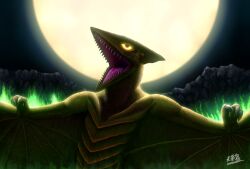 Rule 34 | beak, cave, clawed wings, colored tongue, crest, daiei motion picture, full moon, gamera (series), gamera vs. gyaos, giant, giant monster, glowing, glowing eyes, gyaos, highres, kaiju, monster, moon, night, open mouth, pterosaur, purple tongue, r-miminagi, roaring, sharp teeth, signature, teeth, tongue, wings, yellow eyes