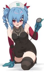 1girl :d act_(xadachit) bare_shoulders blue_gloves blue_hair blush bodysuit braid breasts colphne_(girls&#039;_frontline_2) colphne_(silent_heart)_(girls&#039;_frontline_2) covered_navel girls&#039;_frontline girls&#039;_frontline_2:_exilium gloves hair_between_eyes hair_ornament hair_ribbon hairclip hand_up hat highres leaning_forward looking_at_viewer nurse_cap on_one_knee open_mouth red_eyes red_ribbon ribbon skin_tight skindentation small_breasts smile solo thighhighs thighs twin_braids twintails