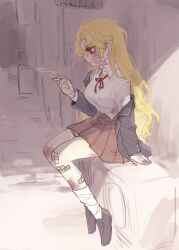 Rule 34 | 1girl, bandaid, bandaid on cheek, bandaid on face, bandaid on hand, bandaid on knee, bandaid on leg, black jacket, black panties, black shoes, blonde hair, breasts, brown skirt, bruise, bruise on face, bruise on knee, bruise on leg, bruise on neck, cigarette, closed mouth, cum, cum on body, cum on clothes, cum on legs, don quixote (project moon), highres, holding, holding cigarette, injury, jacket, kneehighs, kneehighs pull, large breasts, limbus company, long hair, open clothes, open jacket, panties, panty pull, pmchell 04, project moon, red eyes, red ribbon, ribbon, sancho (project moon), shirt, shoes, simple background, sitting, sketch, skirt, slit pupils, smoking, socks, solo, strap slip, underwear, unfinished, white shirt, white socks