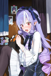 1girl absurdres belle_(zenless_zone_zero) black_bow black_bowtie black_overskirt black_shirt blush bow bowtie braid drill_hair embarrassed female_pervert frilled_skirt frills half_up_braid highres holding holding_shirt holding_unworn_clothes hurappo indoors knees_up looking_at_viewer nose_blush pervert photo_(object) pointy_ears purple_bow purple_bowtie purple_hair red_eyes shirt shrug_(clothing) sideboob_cutout skirt slit_pupils sweat unworn_shirt vivian_banshee white_shrug white_skirt zenless_zone_zero