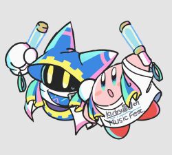 blush_stickers colored_skin disembodied_hand gloves glowstick grey_background holding holding_glowstick kirby kirby_(series) kirby_30th_anniversary_music_festival magolor ni_re nintendo no_humans open_mouth pink_skin rayman_limbs shirt simple_background solid_oval_eyes white_shirt