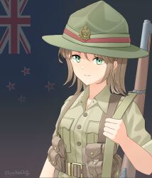 1girl absurdres ammunition_pouch aqua_eyes artist_name belt bolt_action brown_belt brown_hair campaign_hat closed_mouth commentary english_commentary flag_background green_hat green_shirt gun gun_sling hat highres holding lee-enfield leochan1202 looking_at_viewer military military_uniform new_zealand new_zealand_flag original pouch rifle shirt short_sleeves smile soldier solo upper_body weapon world_war_ii