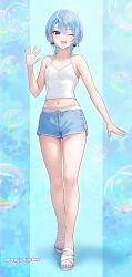 1girl ;d absurdres alternate_costume bare_arms bare_legs blue_eyes blue_hair blue_nails bow bow_earrings breasts bubble_background camisole cleavage collarbone commentary dolphin_shorts double-parted_bangs drawstring earrings feet full_body hair_between_eyes hair_ribbon hand_up highres hololive hoshimachi_suisei jewelry legs nail_polish navel official_alternate_hairstyle one_eye_closed open_hand open_mouth revision ribbon sandals short_hair short_shorts shorts small_breasts smile solo star_(symbol) star_in_eye stomach symbol_in_eye thighs toenail_polish toenails toes virtual_youtuber wajuniorbox waving wavy_hair white_camisole